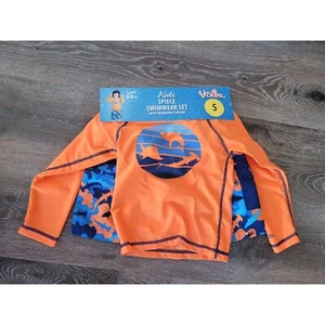 VSkinz Kids Swimwear Set UPF 50+ Sun Hat Reversible Shark Orange Blue Size 5 #9 - Picture 1 of 3
