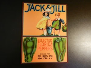 ETIQUETA VINTAGE DE PIMIENTOS DE FLORIDA SELECCIONADA JACK & JILL SIN USAR. Aprox. 8"" X 10 1/2"" - Imagen 1 de 1