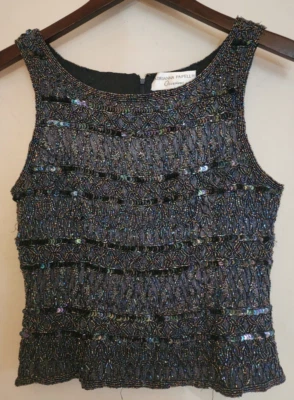 VTG Adrianna Papell Occasions Sz 12 All Over Beaded Black Flowy Tank Top Luxury - Imagem 1 de 4