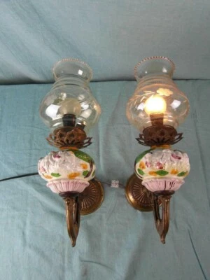 Wandlampe  2 Stück Paar Antik Rar  Messing Keramik Glas Jugendstil Verziert 3d1 - Bild 1 von 4