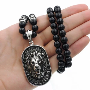 Men's 8mm Black Onyx Beads Silver LION Tag Stainless Steel Pendant Necklace Set - Picture 1 of 7