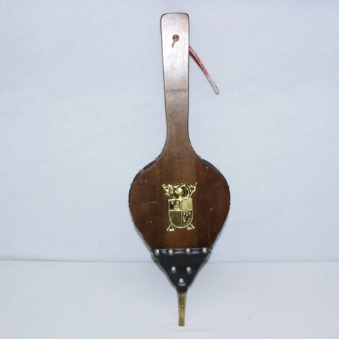 Vintage 27" Working Wood & Leather Trim Bellows Medieval Knight & Shield Crest Cover