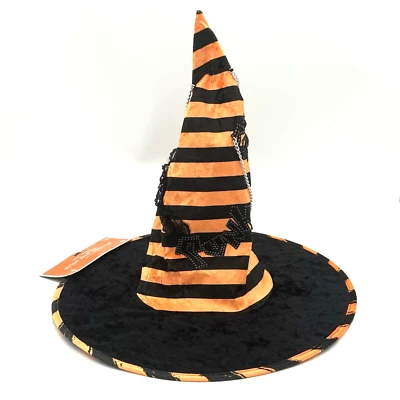 Witch Hat Halloween Costume Cosplay Orange Black Stripe Punk Spider Chain NWT 09 - Image 1 of 4