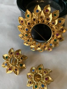 Vtg 60s Pin Earring Set Rhinestone Multi Color GoldTone Sun Burst - Picture 1 of 8