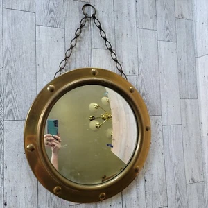 Vtg Mid Century Modern Brass Porthole Mirror Convex C Jere Era Wood 10' Hanging - Picture 1 of 17