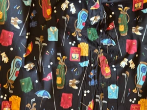 5 1/2 YARDS GOLF Equipment tossed on black cotton fabric Clubs, Balls, etc - Picture 1 of 1