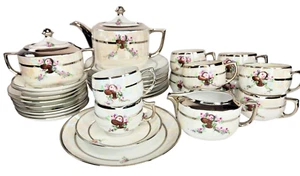 WUNDERSCHÖNES um 1920 T.JORGENSEN HANDBEMALTES PORZELLAN 34-teiliges TEESERVICE SILBER KORB ROSEN - Bild 1 von 21