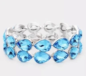 Aqua Blue Stretch Rhinestone Crystal Pageant Teardrop Aquamarine Formal Bracelet - Picture 1 of 2