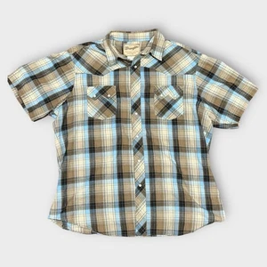 Wrangler Plaid Western Snap Shirt XL Tan Blue Pearl Snap Cowboy Rodeo - Picture 1 of 7