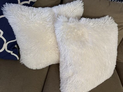 Set of 2 Faux Fur SOFTEST WHITE Accent Throw Pillow Covers Pillowcases 17" x 17" - Image 1 of 4