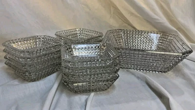 Vintage Square Hobnail Cut Glass Serving Bowl & 12 Dip Bowls - Image 1 of 4