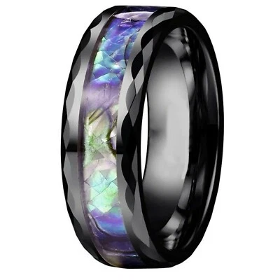 Rainbow Mother of Pearl Ring Black Stainless Steel Modern Nacre Band - Image 1 of 4