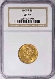 1902-S LIBERTY HEAD $5 HALF EAGLE GOLD NGC MS62  - Picture 1 of 3