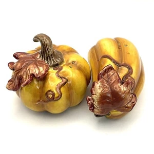 Signature Home Pumpkin Salt Pepper Set Ceramic Fall Harvest Thanksgiving NO BOX - Picture 1 of 7