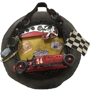 Frame with Fiat Racing Car Replica Model, Goggles, Flag: Collectible - Picture 1 of 1