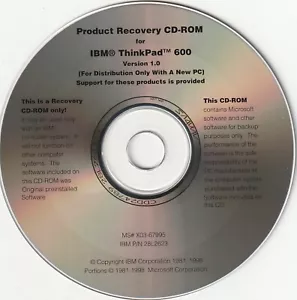 IBM Thinkpad 600 Recovery CD CDROM for Microsoft Windows NT 4.0 Workstation - Picture 1 of 1