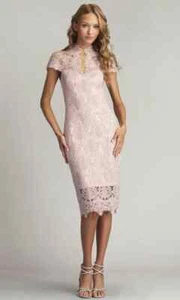 Vestido TADASHI SHOJI Rosa Cuarzo Rosa Cordón Encaje Transparente Yugo Mandarín Simulado 8 = M - Imagen 1 de 7