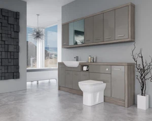 BATHROOM FITTED FURNITURE 2200MM LATTE GLOSS / DRIFTWOOD D2 WITH WALL UNIT - BAT - Picture 1 of 5