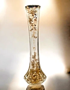 Moser Harrach Böhmische 10" VASE klar mit erhabenem Gold & Emaille Weinrebe Antik - Bild 1 von 19