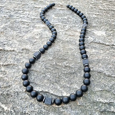 Herren Perlenkette aus Schwarz Onyx Würfel Lava stein , Manner kette choker - Bild 1 von 4