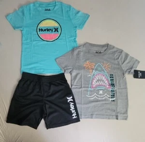 3 PC SET Hurley Blue Activewear 2 T-Shirt 1 Shorts 5T 4/5 Boys Girls Active  - Picture 1 of 2