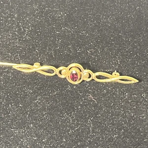 Vintage 14 Karat Gold Filled Linear Brooch with Center Red Faceted Gem Preowned - Picture 1 of 9