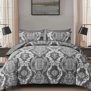 Dark Grey Comforter Set Queen Size, Damask Texture 7 Pieces Bed in a Bag Micr... - Picture 1 of 8