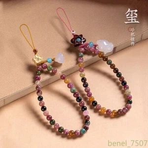 Natural Tourmaline Mobile Phone Chain Antique Lotus Pendant Wrist Neck Rope - Picture 1 of 11