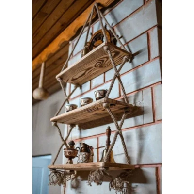 Hanging 3 Tier Rope Wall Window Planter Floating Shelves, Wood Bathroom Shelves - Image 1 of 4