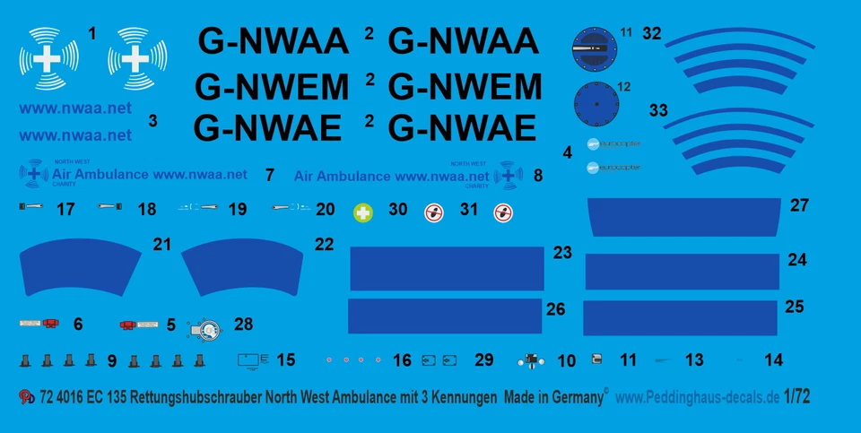 Peddinghaus-Decals 1/72 4016 Ec 135 Nord West Ambulanza, UK Con 3 Contrassegni - Immagine 1 di 1