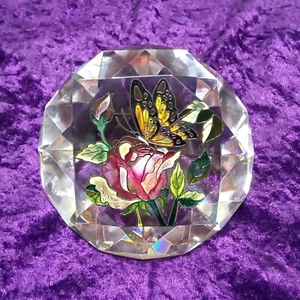 AMIA 4" Glass Diamond Prism FACETED Hand Painted Butterfly Flowers Paperweight - Picture 1 of 12