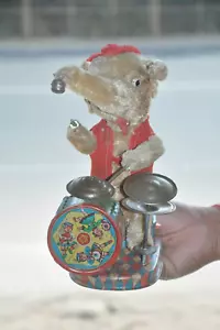 Vintage Elephant Playing Orchestra Textured Cloth ALPS Battery Tin Toy,Japan - Picture 1 of 13