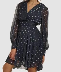 Tommy Hilfiger Women Blue Chiffon Polka Dot Fit & Flare Dress Petites Size 6P - Picture 1 of 2