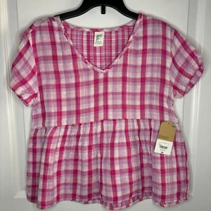 Thereabouts Girls Kids V Neck Short Sleeve Pink Plaid Blouse, M NEW - Picture 1 of 3