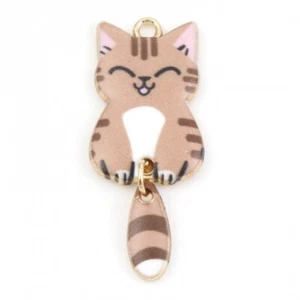 5 Beautiful Brown Cat & Dangly Tail Shaped Gold Tone Pendant with Enamel Detail - Picture 1 of 1