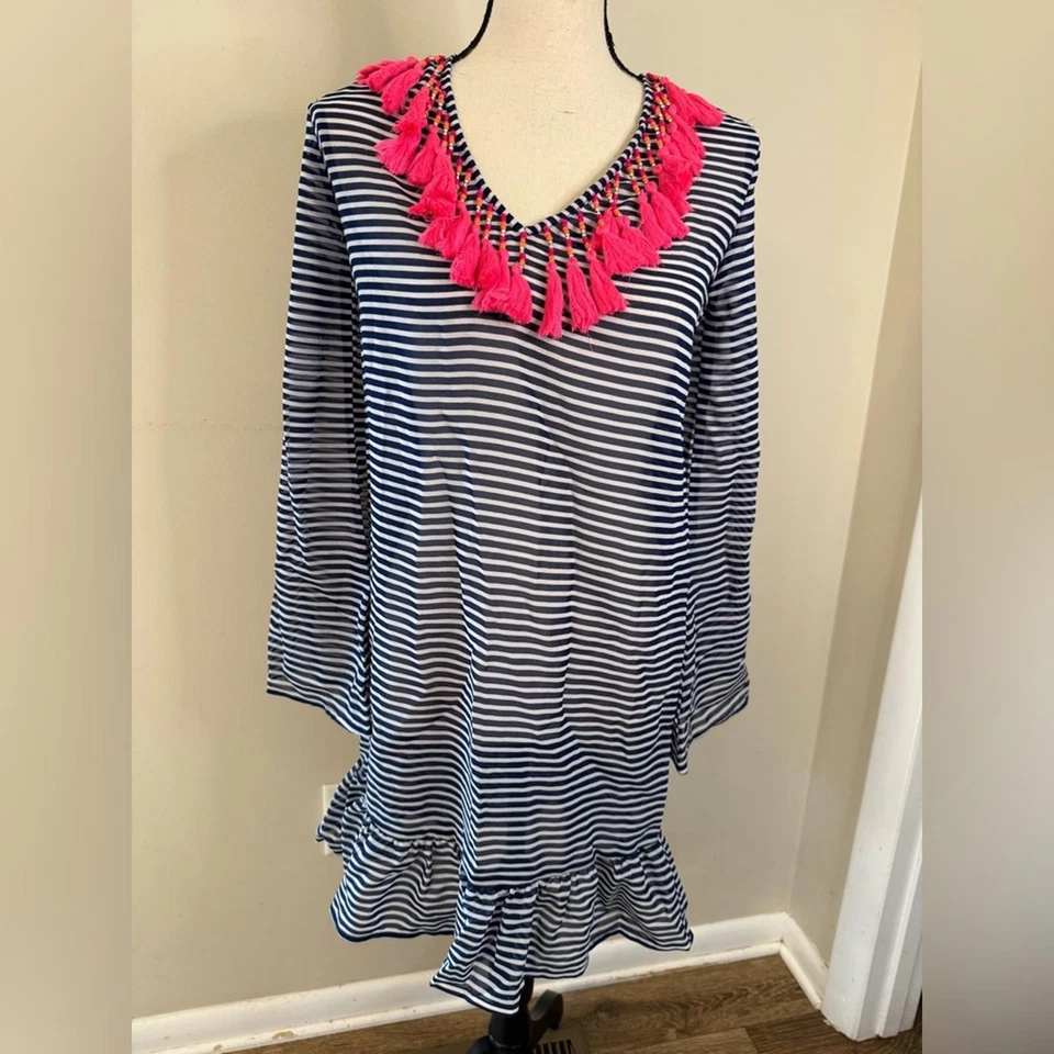 Boohoo swim coverup bold blue white stripes vibrant pink tassels & beads SZ SM - Image 1 of 4