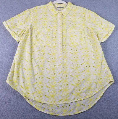 MERONA 纽扣衬衫女式 2XL XXL 黄色白色花卉孔眼透明弹簧 — 第 1/4 张图片