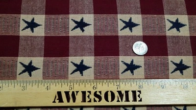 Primitive Antique Vintage Christmas Burgundy Red Tan Star Plaid Rag Quilt Fabric - Image 1 of 2