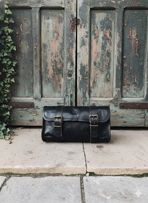 Goat  Buckle Closure Bag Genuine Rosted Leather Vintage Motorcycle New Black - Image 1 of 4