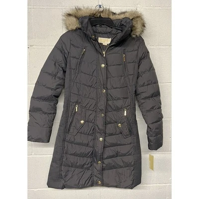 全新 Michael Kors GUNMETAL HOODED FAUXFUR TRIM DOWN PUFFER COAT PXS XSMALL PETITE — 第 1/4 张图片