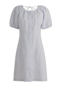 NWT $138 J.Crew sz 20 Puff Sleeve V-Back 100% Linen Gingham Dress Lavender White - Picture 1 of 4
