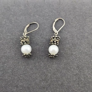 14K Gold P925 Silver Marked Pearl Earrings Dangle Drop Elevated Basic Everyday - Picture 1 of 5