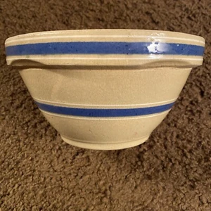 Antique Watt No 8 Yellow Ware Stoneware Mixing Bowl Ovenware USA Blue White - Picture 1 of 10