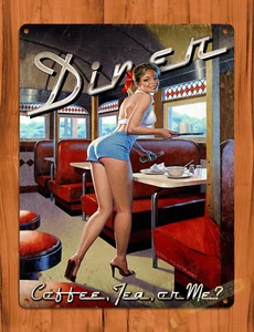 TIN SIGN "Diner Girl" Cute Sexy Art Mancave Wall Decor Pinup Waitress Diner - Bild 1 von 1