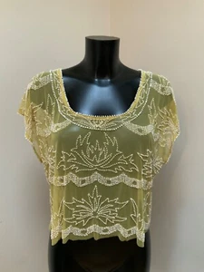 TOPSHOP TOP Short Sleeve BEADED Summer SHEER TULLE NET CROP LEMON WHITE UK 16 - Picture 1 of 15