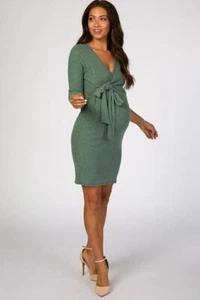 PINKBLUSH GREEN BRUSHED KNIT WRAP FITTED MATERNITY/NURSING DRESS ~ MED~ NEW NWT - Picture 1 of 7