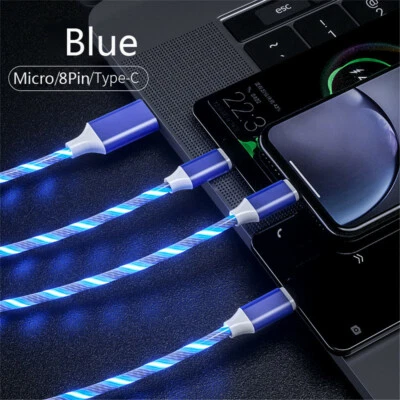 New Micro 3 in 1 USB Cable Cord Type C LED Fast Charging Light Up Phone Charger - Image 1 of 4