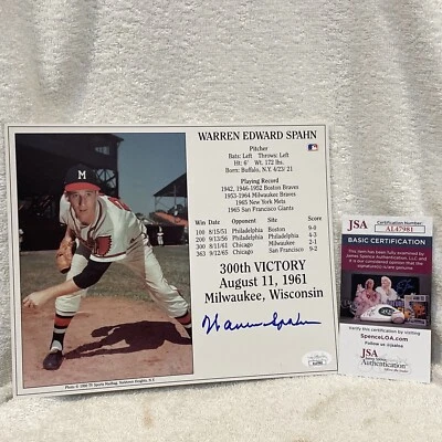 BEAUTIFUL Warren Spahn AUTO’D 300th Victory 8x10 Card, Milwaukee Braves JSA NICE - Image 1 of 4