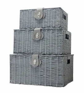 SET OF 3 Resin Wicker Woven Storage Baskets Hamper Box With Lid & Lock Grey - Picture 1 of 3