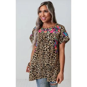 Blusa de gran tamaño con estampado animal de leopardo mediana bordado floral NUEVA - Imagen 1 de 12